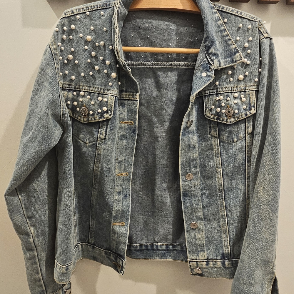 Bride's Denim Jacket with Pearl Embellishments